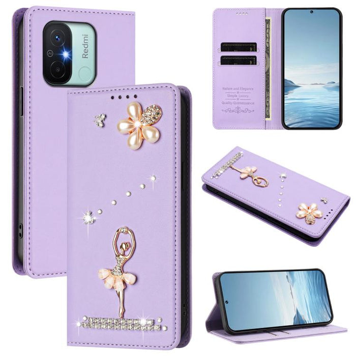 Funda para teléfono de piel vegana con protección RFID y diamantes de imitación de la bailarina de ballet, For Redmi 12 4G / 5G Global / Note 12R, For Redmi Note 12T Pro / K50i / Poco X4 GT, For Redmi Note 12 Turbo / Poco F5, For Redmi Note 12 4G Globa...