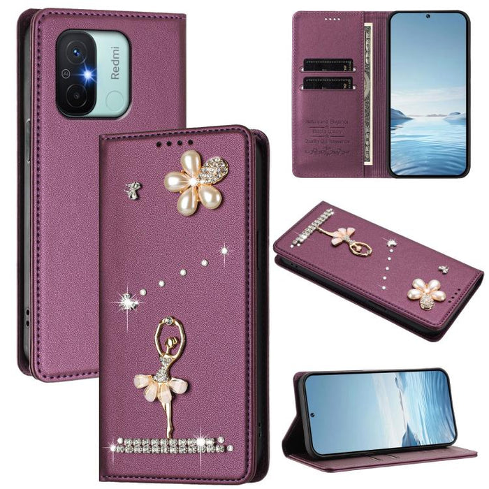 Funda para teléfono de piel vegana con protección RFID y diamantes de imitación de la bailarina de ballet, For Redmi 12 4G / 5G Global / Note 12R, For Redmi Note 12T Pro / K50i / Poco X4 GT, For Redmi Note 12 Turbo / Poco F5, For Redmi Note 12 4G Globa...