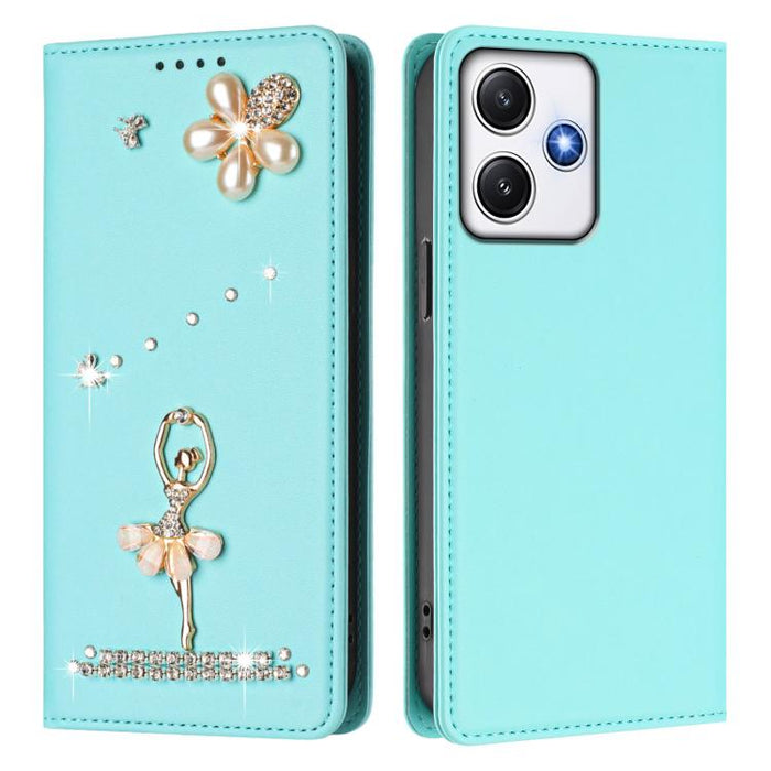 Funda para teléfono de piel vegana con protección RFID y diamantes de imitación de la bailarina de ballet, For Redmi 12 4G / 5G Global / Note 12R, For Redmi Note 12T Pro / K50i / Poco X4 GT, For Redmi Note 12 Turbo / Poco F5, For Redmi Note 12 4G Globa...