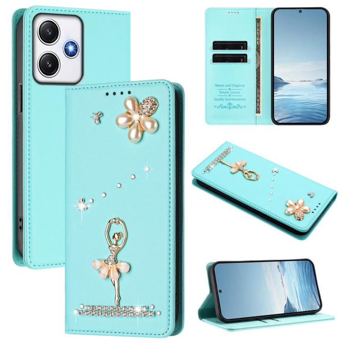 Funda para teléfono de piel vegana con protección RFID y diamantes de imitación de la bailarina de ballet, For Redmi 12 4G / 5G Global / Note 12R, For Redmi Note 12T Pro / K50i / Poco X4 GT, For Redmi Note 12 Turbo / Poco F5, For Redmi Note 12 4G Globa...