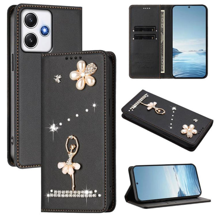 Funda para teléfono de piel vegana con protección RFID y diamantes de imitación de la bailarina de ballet, For Redmi 12 4G / 5G Global / Note 12R, For Redmi Note 12T Pro / K50i / Poco X4 GT, For Redmi Note 12 Turbo / Poco F5, For Redmi Note 12 4G Globa...