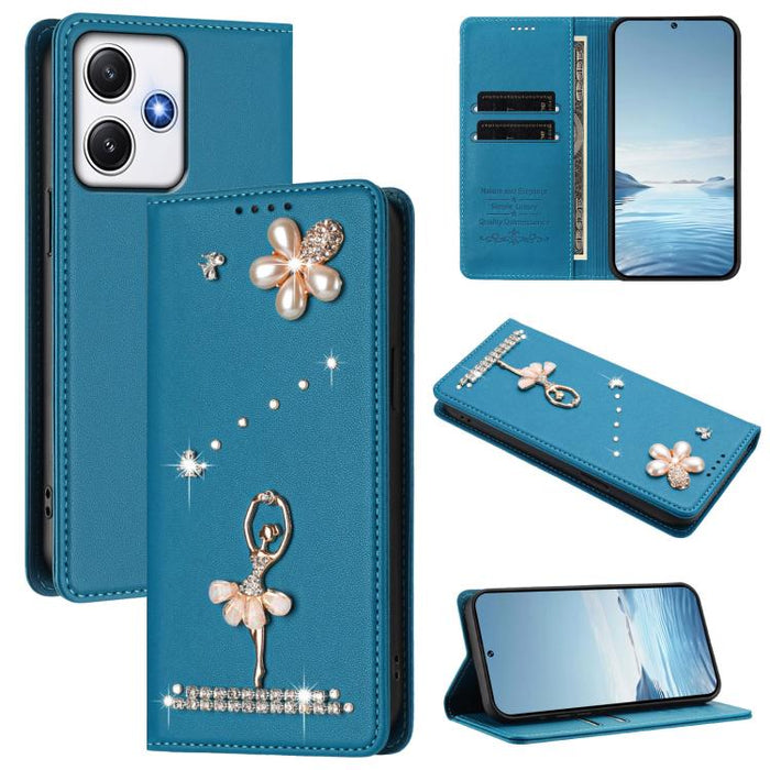 Funda para teléfono de piel vegana con protección RFID y diamantes de imitación de la bailarina de ballet, For Redmi 12 4G / 5G Global / Note 12R, For Redmi Note 12T Pro / K50i / Poco X4 GT, For Redmi Note 12 Turbo / Poco F5, For Redmi Note 12 4G Globa...
