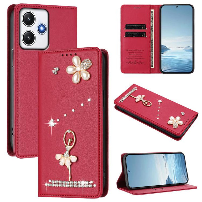 Funda para teléfono de piel vegana con protección RFID y diamantes de imitación de la bailarina de ballet, For Redmi 12 4G / 5G Global / Note 12R, For Redmi Note 12T Pro / K50i / Poco X4 GT, For Redmi Note 12 Turbo / Poco F5, For Redmi Note 12 4G Globa...