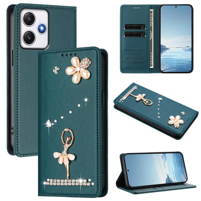 Funda para teléfono de piel vegana con protección RFID y diamantes de imitación de la bailarina de ballet, For Redmi 12 4G / 5G Global / Note 12R, For Redmi Note 12T Pro / K50i / Poco X4 GT, For Redmi Note 12 Turbo / Poco F5, For Redmi Note 12 4G Globa...