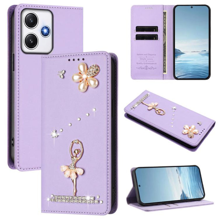Funda para teléfono de piel vegana con protección RFID y diamantes de imitación de la bailarina de ballet, For Redmi 12 4G / 5G Global / Note 12R, For Redmi Note 12T Pro / K50i / Poco X4 GT, For Redmi Note 12 Turbo / Poco F5, For Redmi Note 12 4G Globa...