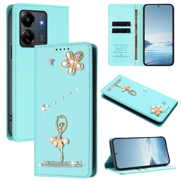 Funda para teléfono de piel vegana con protección RFID y diamantes de imitación de la bailarina de ballet, For Redmi 14C 4G / 14R 5G / A3 Pro, For Redmi Note 14 4G 164.84mm, For Redmi Note 14 Pro 5G Global / 14 Pro+ 5G                                  ...