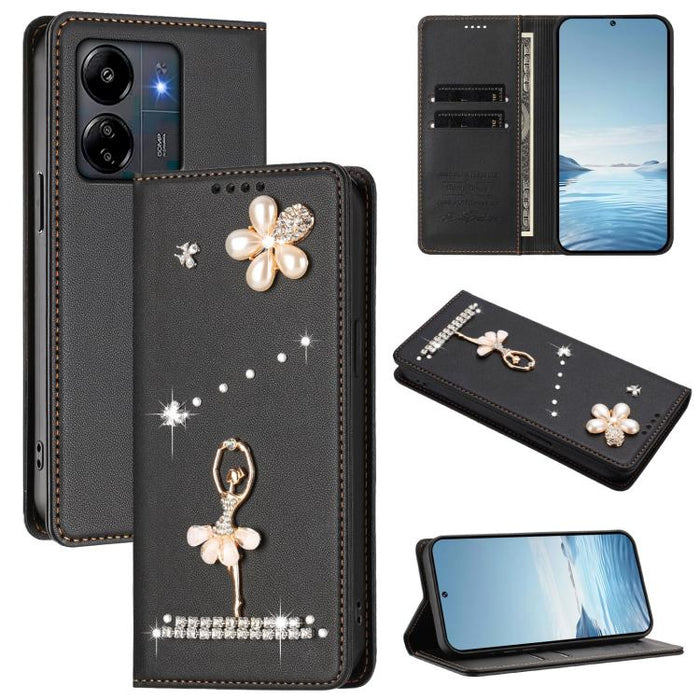 Funda para teléfono de piel vegana con protección RFID y diamantes de imitación de la bailarina de ballet, For Redmi 14C 4G / 14R 5G / A3 Pro, For Redmi Note 14 4G 164.84mm, For Redmi Note 14 Pro 5G Global / 14 Pro+ 5G                                  ...