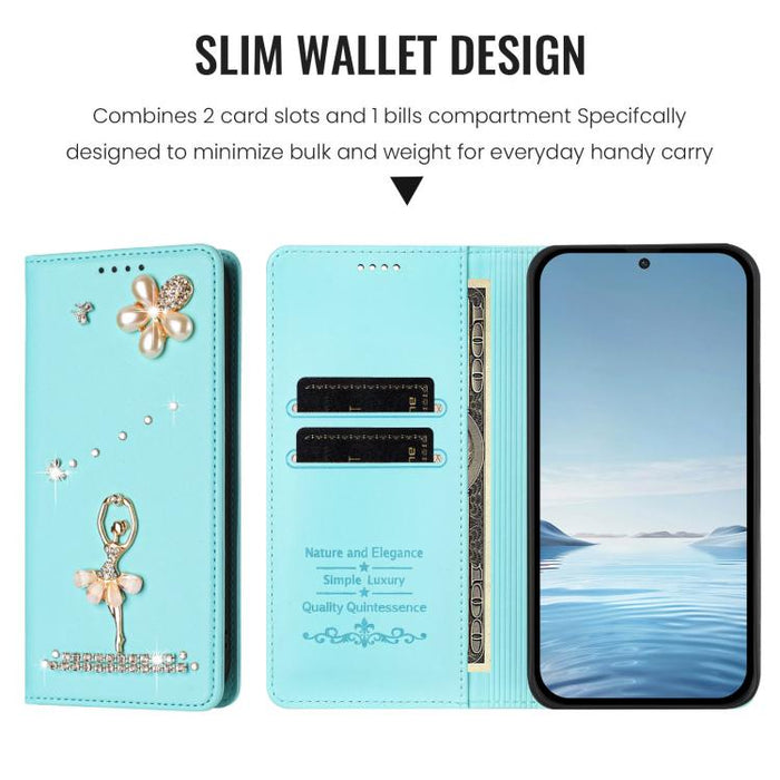 Funda para teléfono de piel vegana con protección RFID y diamantes de imitación de la bailarina de ballet, For Redmi 14C 4G / 14R 5G / A3 Pro, For Redmi Note 14 4G 164.84mm, For Redmi Note 14 Pro 5G Global / 14 Pro+ 5G                                  ...