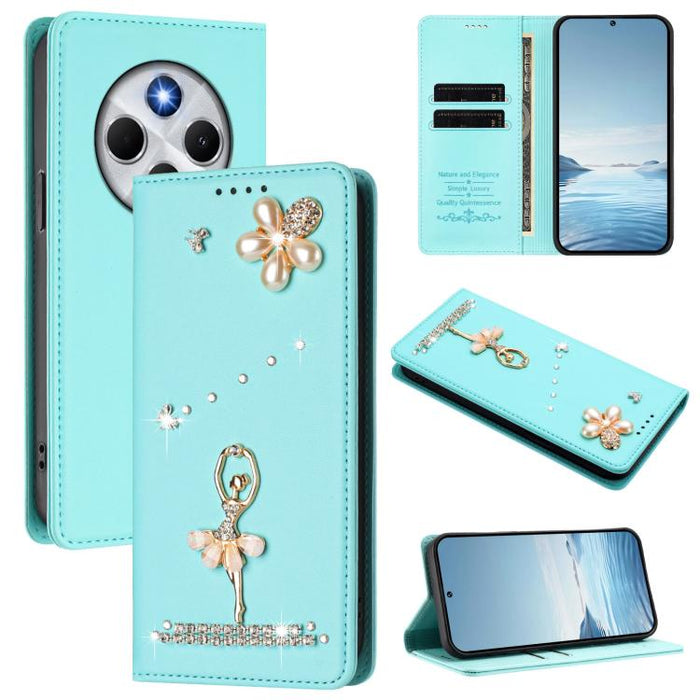 Funda para teléfono de piel vegana con protección RFID y diamantes de imitación de la bailarina de ballet, For Redmi 14C 4G / 14R 5G / A3 Pro, For Redmi Note 14 4G 164.84mm, For Redmi Note 14 Pro 5G Global / 14 Pro+ 5G                                  ...
