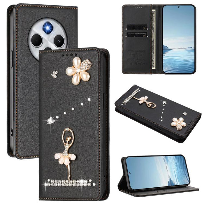 Funda para teléfono de piel vegana con protección RFID y diamantes de imitación de la bailarina de ballet, For Redmi 14C 4G / 14R 5G / A3 Pro, For Redmi Note 14 4G 164.84mm, For Redmi Note 14 Pro 5G Global / 14 Pro+ 5G                                  ...