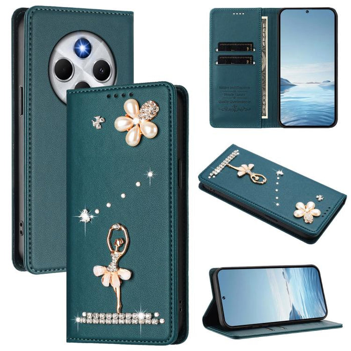 Funda para teléfono de piel vegana con protección RFID y diamantes de imitación de la bailarina de ballet, For Redmi 14C 4G / 14R 5G / A3 Pro, For Redmi Note 14 4G 164.84mm, For Redmi Note 14 Pro 5G Global / 14 Pro+ 5G                                  ...