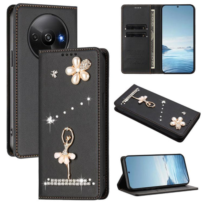Funda para teléfono de piel vegana con protección RFID y diamantes de imitación de la bailarina de ballet, For Redmi 14C 4G / 14R 5G / A3 Pro, For Redmi Note 14 4G 164.84mm, For Redmi Note 14 Pro 5G Global / 14 Pro+ 5G                                  ...