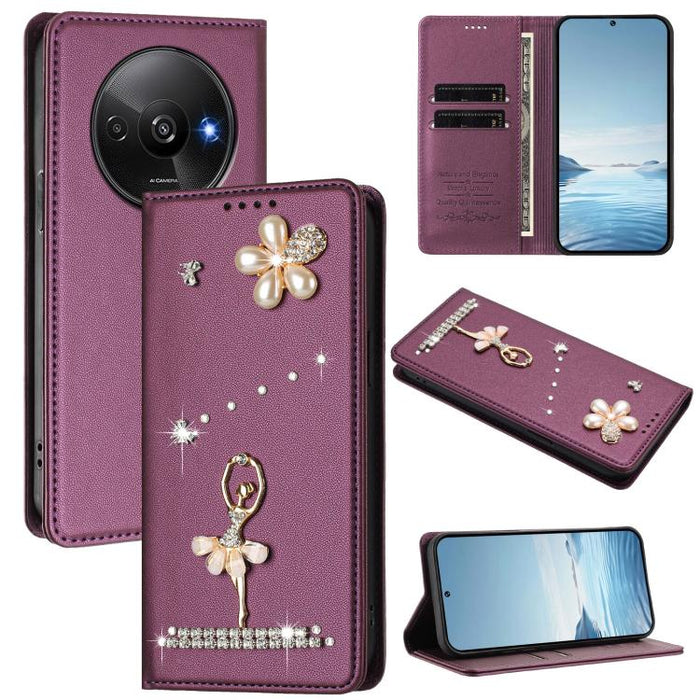 Funda para teléfono de piel vegana con protección RFID y diamantes de imitación de la bailarina de ballet, For Redmi 14C 4G / 14R 5G / A3 Pro, For Redmi Note 14 4G 164.84mm, For Redmi Note 14 Pro 5G Global / 14 Pro+ 5G                                  ...
