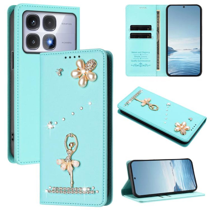 Funda para teléfono de piel vegana con protección RFID y diamantes de imitación de la bailarina de ballet, For Redmi 14C 4G / 14R 5G / A3 Pro, For Redmi Note 14 4G 164.84mm, For Redmi Note 14 Pro 5G Global / 14 Pro+ 5G                                  ...
