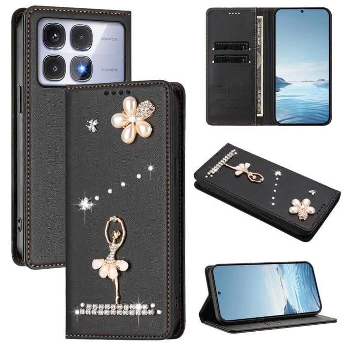 Funda para teléfono de piel vegana con protección RFID y diamantes de imitación de la bailarina de ballet, For Redmi 14C 4G / 14R 5G / A3 Pro, For Redmi Note 14 4G 164.84mm, For Redmi Note 14 Pro 5G Global / 14 Pro+ 5G                                  ...