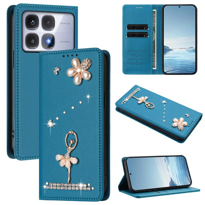 Funda para teléfono de piel vegana con protección RFID y diamantes de imitación de la bailarina de ballet, For Redmi 14C 4G / 14R 5G / A3 Pro, For Redmi Note 14 4G 164.84mm, For Redmi Note 14 Pro 5G Global / 14 Pro+ 5G                                  ...