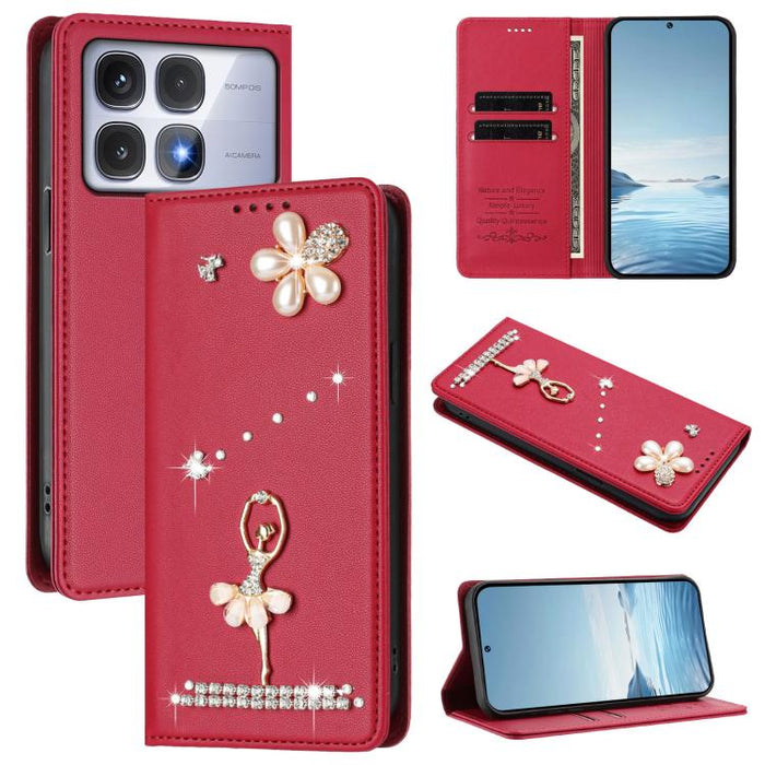 Funda para teléfono de piel vegana con protección RFID y diamantes de imitación de la bailarina de ballet, For Redmi 14C 4G / 14R 5G / A3 Pro, For Redmi Note 14 4G 164.84mm, For Redmi Note 14 Pro 5G Global / 14 Pro+ 5G                                  ...