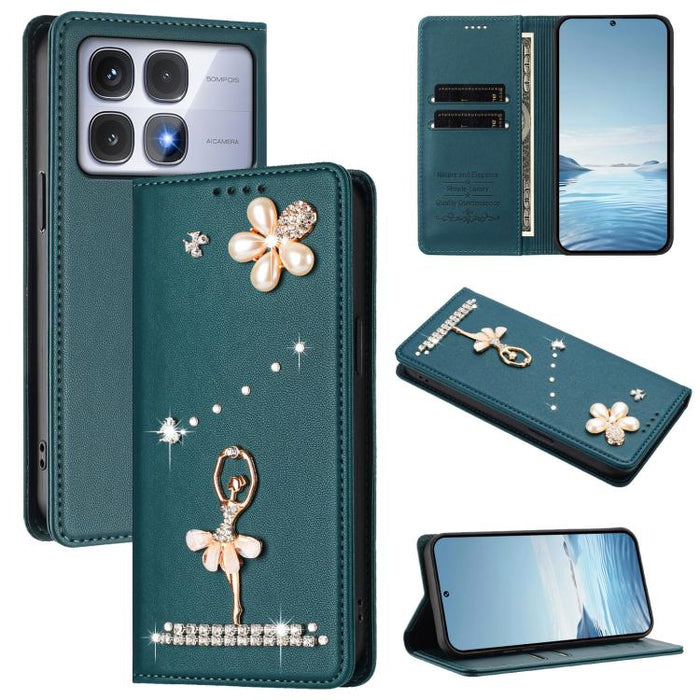 Funda para teléfono de piel vegana con protección RFID y diamantes de imitación de la bailarina de ballet, For Redmi 14C 4G / 14R 5G / A3 Pro, For Redmi Note 14 4G 164.84mm, For Redmi Note 14 Pro 5G Global / 14 Pro+ 5G                                  ...
