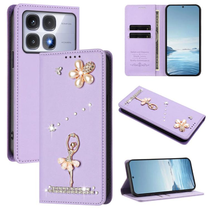 Funda para teléfono de piel vegana con protección RFID y diamantes de imitación de la bailarina de ballet, For Redmi 14C 4G / 14R 5G / A3 Pro, For Redmi Note 14 4G 164.84mm, For Redmi Note 14 Pro 5G Global / 14 Pro+ 5G                                  ...