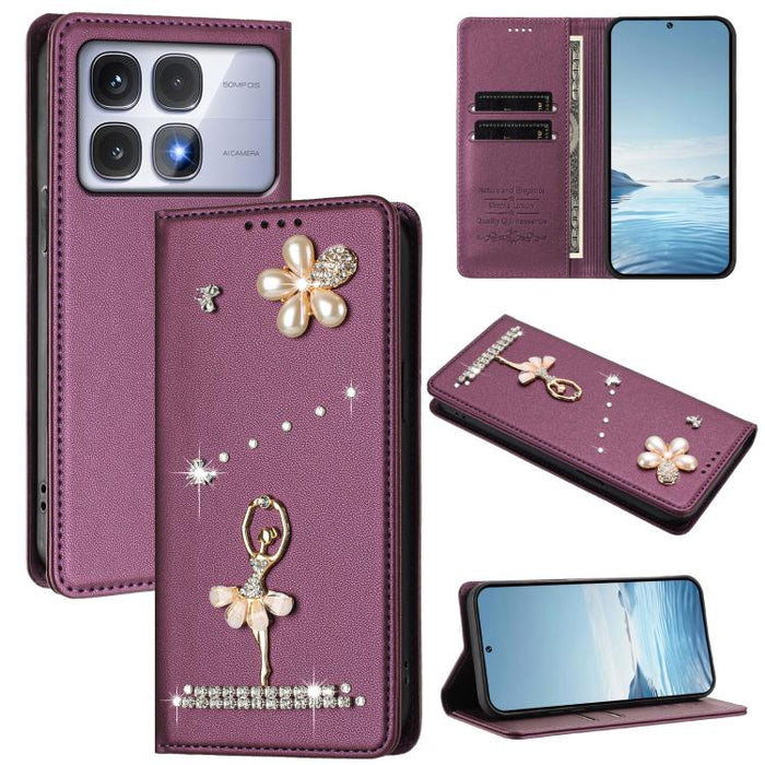 Funda para teléfono de piel vegana con protección RFID y diamantes de imitación de la bailarina de ballet, For Redmi 14C 4G / 14R 5G / A3 Pro, For Redmi Note 14 4G 164.84mm, For Redmi Note 14 Pro 5G Global / 14 Pro+ 5G                                  ...