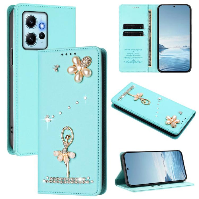 Funda para teléfono de piel vegana con protección RFID y diamantes de imitación de la bailarina de ballet, For Redmi 12 4G / 5G Global / Note 12R, For Redmi Note 12T Pro / K50i / Poco X4 GT, For Redmi Note 12 Turbo / Poco F5, For Redmi Note 12 4G Globa...
