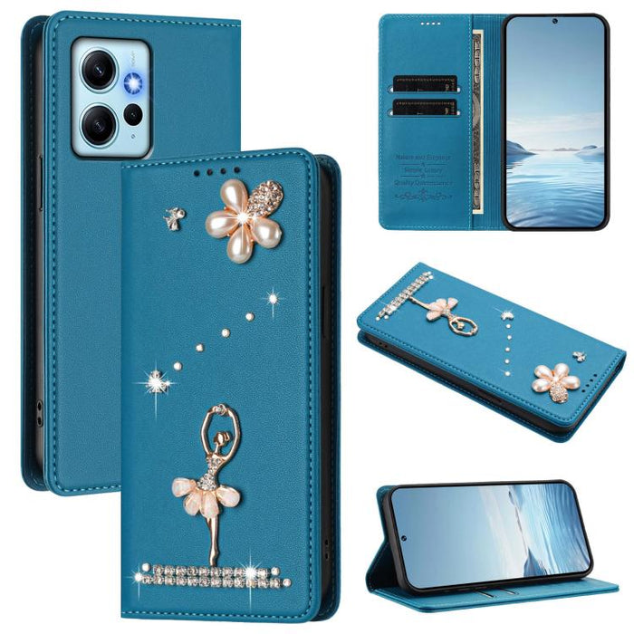 Funda para teléfono de piel vegana con protección RFID y diamantes de imitación de la bailarina de ballet, For Redmi 12 4G / 5G Global / Note 12R, For Redmi Note 12T Pro / K50i / Poco X4 GT, For Redmi Note 12 Turbo / Poco F5, For Redmi Note 12 4G Globa...
