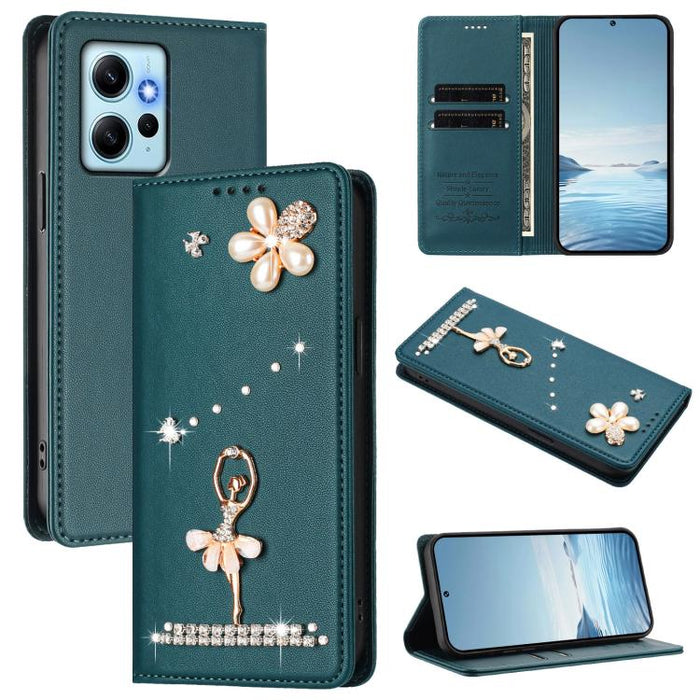 Funda para teléfono de piel vegana con protección RFID y diamantes de imitación de la bailarina de ballet, For Redmi 12 4G / 5G Global / Note 12R, For Redmi Note 12T Pro / K50i / Poco X4 GT, For Redmi Note 12 Turbo / Poco F5, For Redmi Note 12 4G Globa...