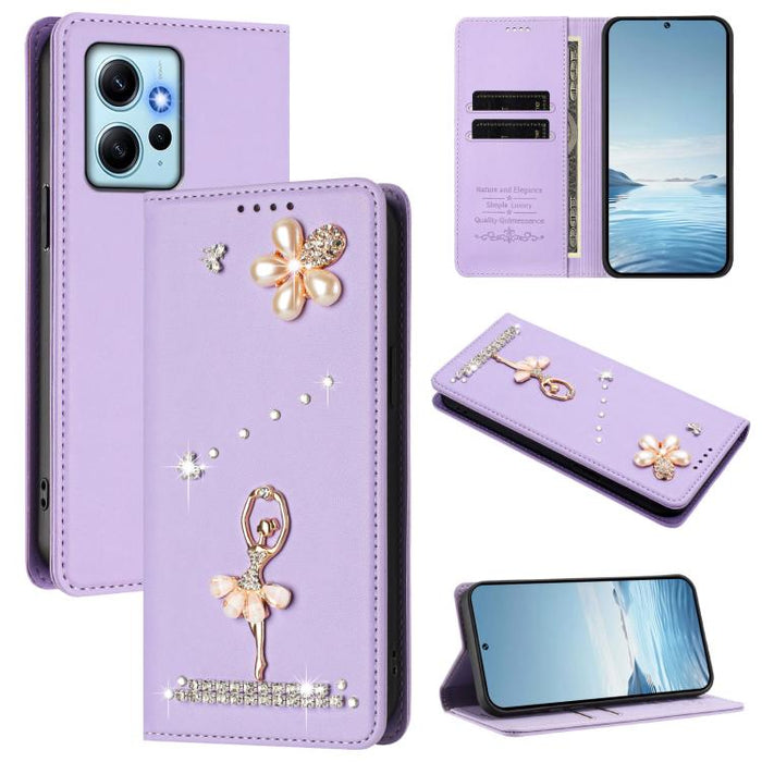 Funda para teléfono de piel vegana con protección RFID y diamantes de imitación de la bailarina de ballet, For Redmi 12 4G / 5G Global / Note 12R, For Redmi Note 12T Pro / K50i / Poco X4 GT, For Redmi Note 12 Turbo / Poco F5, For Redmi Note 12 4G Globa...