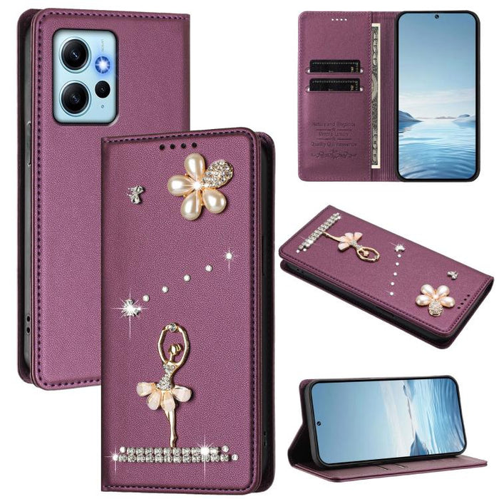 Funda para teléfono de piel vegana con protección RFID y diamantes de imitación de la bailarina de ballet, For Redmi 12 4G / 5G Global / Note 12R, For Redmi Note 12T Pro / K50i / Poco X4 GT, For Redmi Note 12 Turbo / Poco F5, For Redmi Note 12 4G Globa...