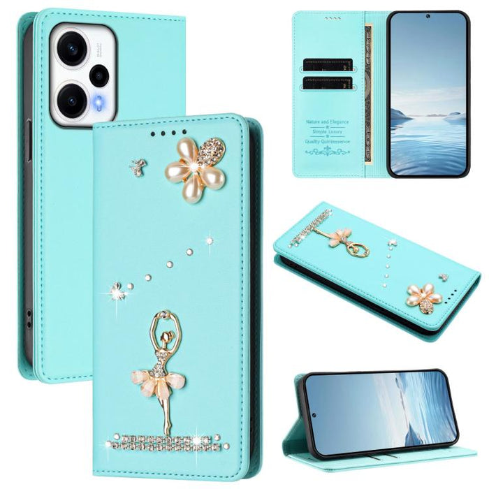 Funda para teléfono de piel vegana con protección RFID y diamantes de imitación de la bailarina de ballet, For Redmi 12 4G / 5G Global / Note 12R, For Redmi Note 12T Pro / K50i / Poco X4 GT, For Redmi Note 12 Turbo / Poco F5, For Redmi Note 12 4G Globa...
