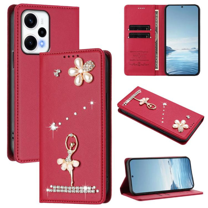 Funda para teléfono de piel vegana con protección RFID y diamantes de imitación de la bailarina de ballet, For Redmi 12 4G / 5G Global / Note 12R, For Redmi Note 12T Pro / K50i / Poco X4 GT, For Redmi Note 12 Turbo / Poco F5, For Redmi Note 12 4G Globa...