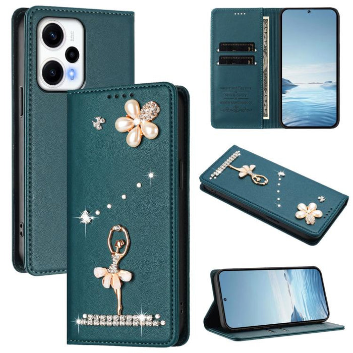 Funda para teléfono de piel vegana con protección RFID y diamantes de imitación de la bailarina de ballet, For Redmi 12 4G / 5G Global / Note 12R, For Redmi Note 12T Pro / K50i / Poco X4 GT, For Redmi Note 12 Turbo / Poco F5, For Redmi Note 12 4G Globa...