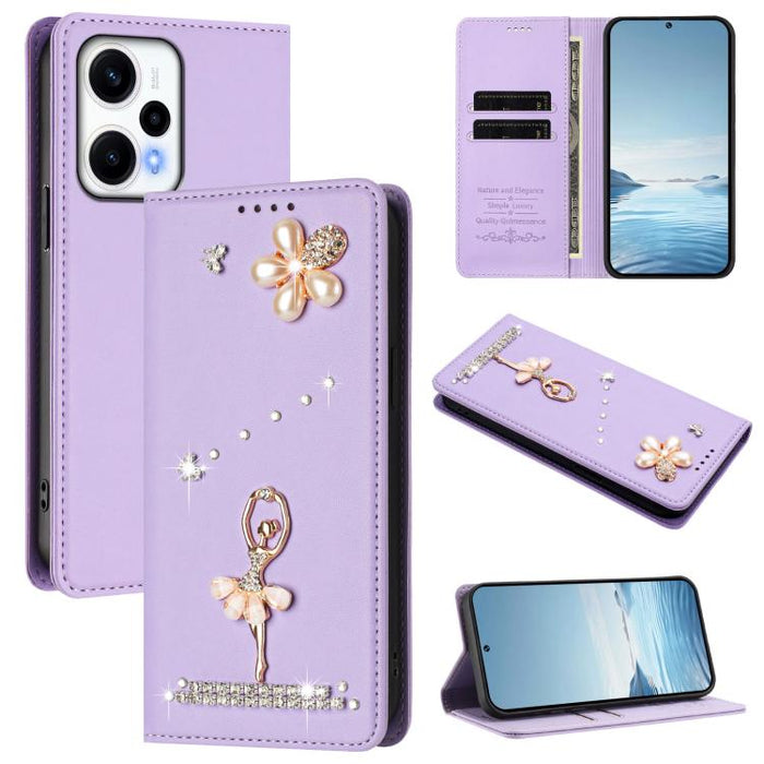 Funda para teléfono de piel vegana con protección RFID y diamantes de imitación de la bailarina de ballet, For Redmi 12 4G / 5G Global / Note 12R, For Redmi Note 12T Pro / K50i / Poco X4 GT, For Redmi Note 12 Turbo / Poco F5, For Redmi Note 12 4G Globa...