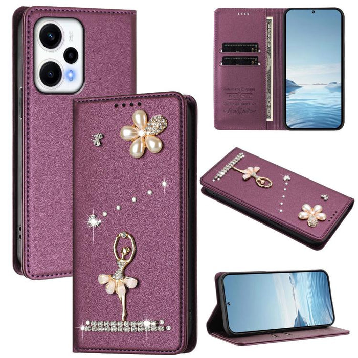 Funda para teléfono de piel vegana con protección RFID y diamantes de imitación de la bailarina de ballet, For Redmi 12 4G / 5G Global / Note 12R, For Redmi Note 12T Pro / K50i / Poco X4 GT, For Redmi Note 12 Turbo / Poco F5, For Redmi Note 12 4G Globa...