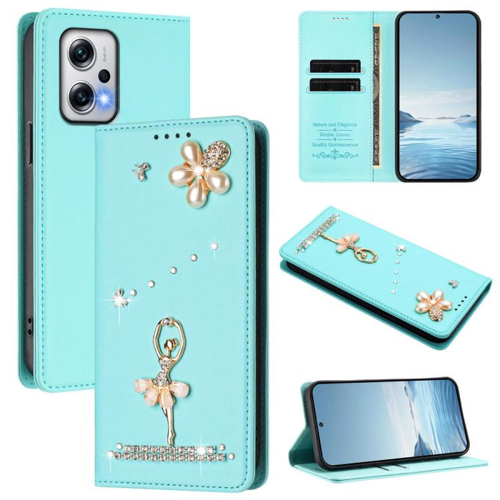 Funda para teléfono de piel vegana con protección RFID y diamantes de imitación de la bailarina de ballet, For Redmi 12 4G / 5G Global / Note 12R, For Redmi Note 12T Pro / K50i / Poco X4 GT, For Redmi Note 12 Turbo / Poco F5, For Redmi Note 12 4G Globa...