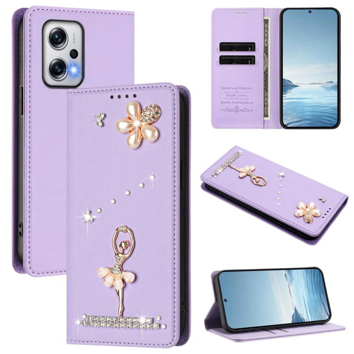 Funda para teléfono de piel vegana con protección RFID y diamantes de imitación de la bailarina de ballet, For Redmi 12 4G / 5G Global / Note 12R, For Redmi Note 12T Pro / K50i / Poco X4 GT, For Redmi Note 12 Turbo / Poco F5, For Redmi Note 12 4G Globa...