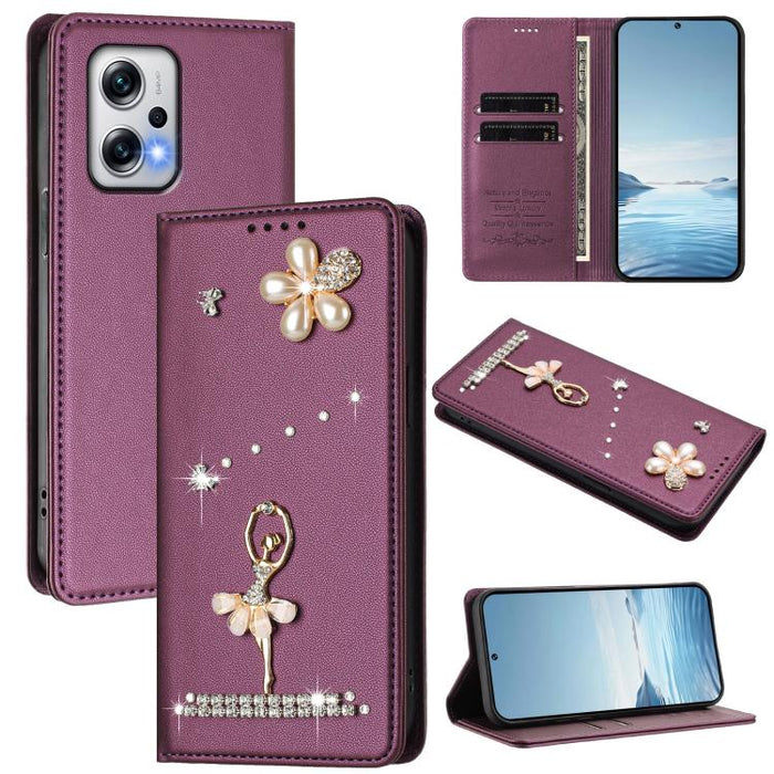 Funda para teléfono de piel vegana con protección RFID y diamantes de imitación de la bailarina de ballet, For Redmi 12 4G / 5G Global / Note 12R, For Redmi Note 12T Pro / K50i / Poco X4 GT, For Redmi Note 12 Turbo / Poco F5, For Redmi Note 12 4G Globa...