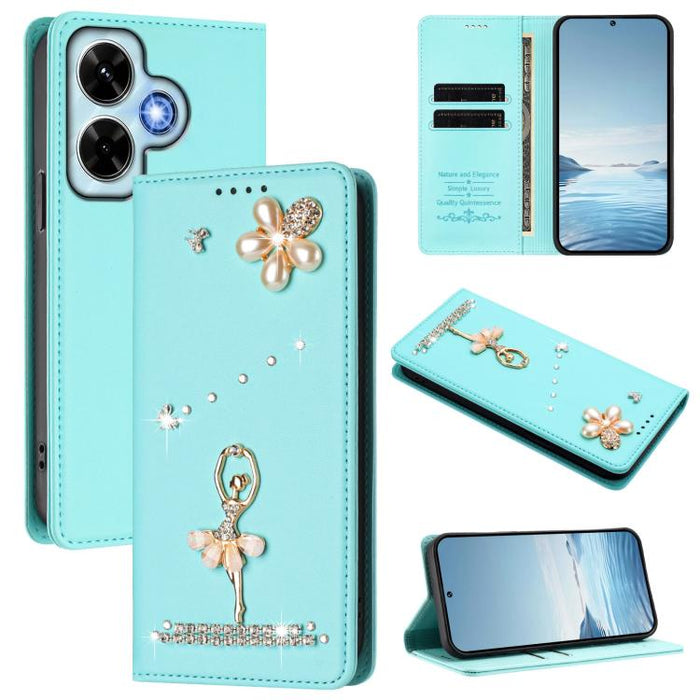 Funda para teléfono de piel vegana con protección RFID y diamantes de imitación de la bailarina de ballet, For Redmi 14C 4G / 14R 5G / A3 Pro, For Redmi Note 14 4G 164.84mm, For Redmi Note 14 Pro 5G Global / 14 Pro+ 5G                                  ...