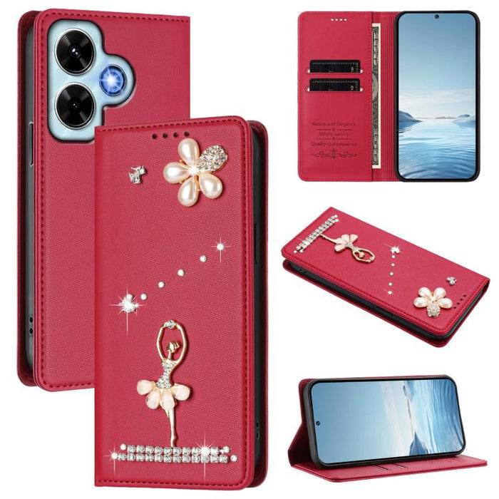 Funda para teléfono de piel vegana con protección RFID y diamantes de imitación de la bailarina de ballet, For Redmi 14C 4G / 14R 5G / A3 Pro, For Redmi Note 14 4G 164.84mm, For Redmi Note 14 Pro 5G Global / 14 Pro+ 5G                                  ...