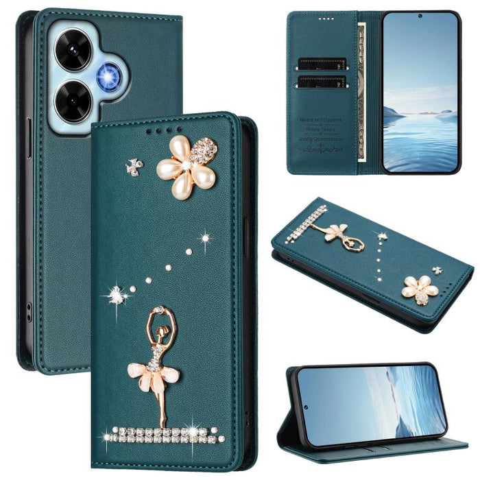 Funda para teléfono de piel vegana con protección RFID y diamantes de imitación de la bailarina de ballet, For Redmi 14C 4G / 14R 5G / A3 Pro, For Redmi Note 14 4G 164.84mm, For Redmi Note 14 Pro 5G Global / 14 Pro+ 5G                                  ...