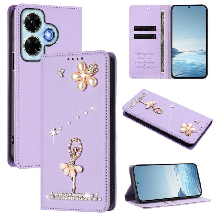 Funda para teléfono de piel vegana con protección RFID y diamantes de imitación de la bailarina de ballet, For Redmi 14C 4G / 14R 5G / A3 Pro, For Redmi Note 14 4G 164.84mm, For Redmi Note 14 Pro 5G Global / 14 Pro+ 5G                                  ...