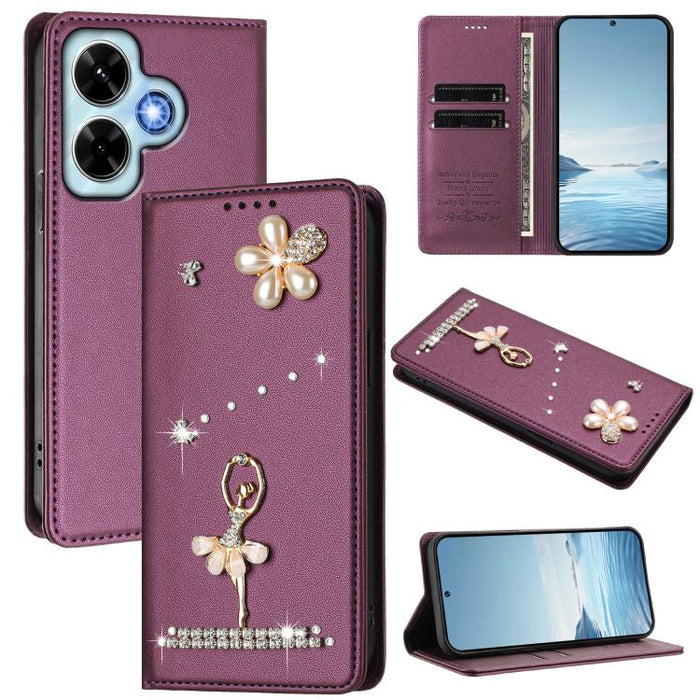 Funda para teléfono de piel vegana con protección RFID y diamantes de imitación de la bailarina de ballet, For Redmi 14C 4G / 14R 5G / A3 Pro, For Redmi Note 14 4G 164.84mm, For Redmi Note 14 Pro 5G Global / 14 Pro+ 5G                                  ...