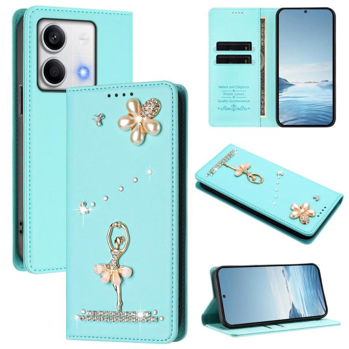 Funda para teléfono de piel vegana con protección RFID y diamantes de imitación de la bailarina de ballet, For Redmi 14C 4G / 14R 5G / A3 Pro, For Redmi Note 14 4G 164.84mm, For Redmi Note 14 Pro 5G Global / 14 Pro+ 5G                                  ...