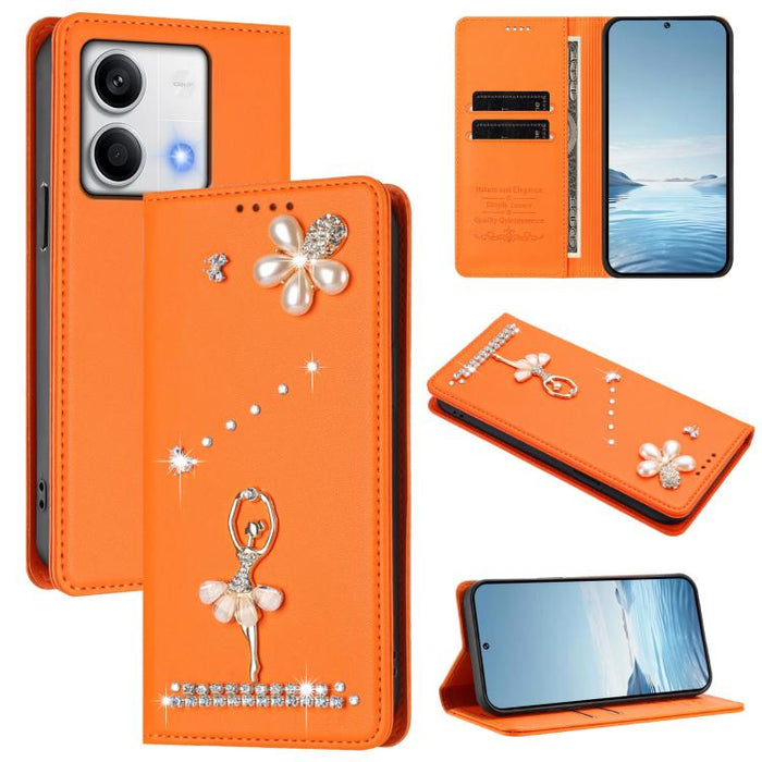 Funda para teléfono de piel vegana con protección RFID y diamantes de imitación de la bailarina de ballet, For Redmi 14C 4G / 14R 5G / A3 Pro, For Redmi Note 14 4G 164.84mm, For Redmi Note 14 Pro 5G Global / 14 Pro+ 5G                                  ...