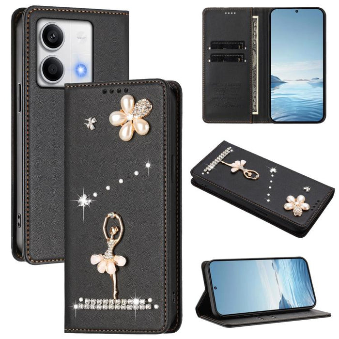 Funda para teléfono de piel vegana con protección RFID y diamantes de imitación de la bailarina de ballet, For Redmi 14C 4G / 14R 5G / A3 Pro, For Redmi Note 14 4G 164.84mm, For Redmi Note 14 Pro 5G Global / 14 Pro+ 5G                                  ...