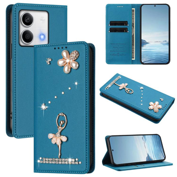Funda para teléfono de piel vegana con protección RFID y diamantes de imitación de la bailarina de ballet, For Redmi 14C 4G / 14R 5G / A3 Pro, For Redmi Note 14 4G 164.84mm, For Redmi Note 14 Pro 5G Global / 14 Pro+ 5G                                  ...