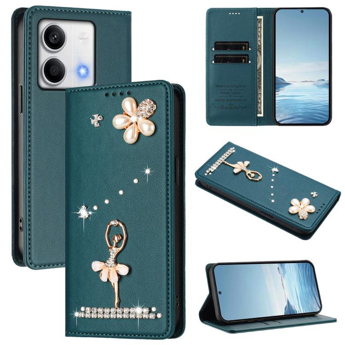 Funda para teléfono de piel vegana con protección RFID y diamantes de imitación de la bailarina de ballet, For Redmi 14C 4G / 14R 5G / A3 Pro, For Redmi Note 14 4G 164.84mm, For Redmi Note 14 Pro 5G Global / 14 Pro+ 5G                                  ...