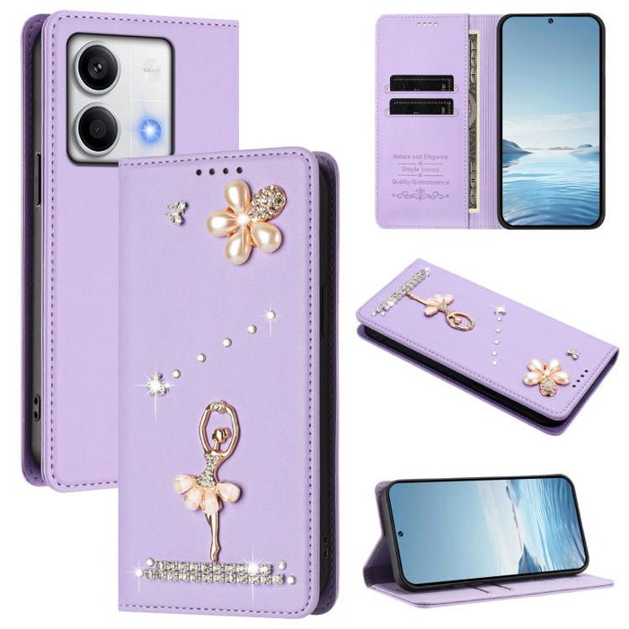 Funda para teléfono de piel vegana con protección RFID y diamantes de imitación de la bailarina de ballet, For Redmi 14C 4G / 14R 5G / A3 Pro, For Redmi Note 14 4G 164.84mm, For Redmi Note 14 Pro 5G Global / 14 Pro+ 5G                                  ...