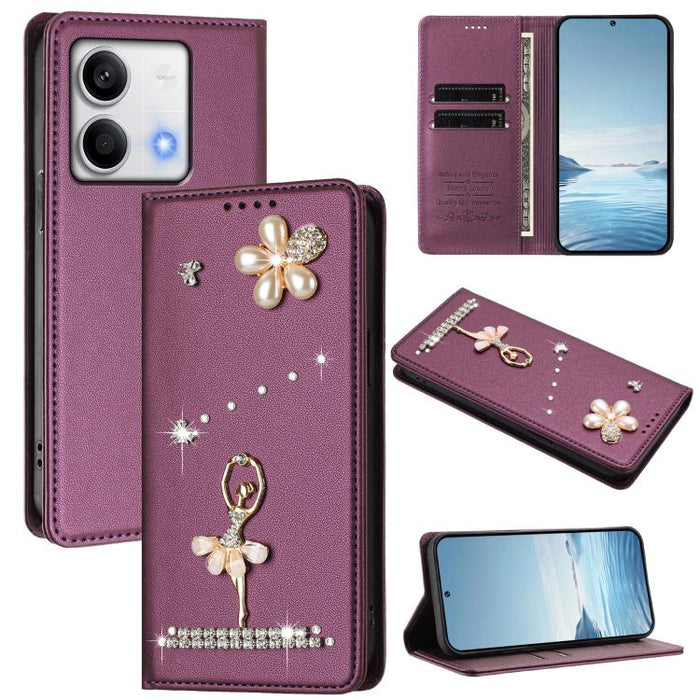Funda para teléfono de piel vegana con protección RFID y diamantes de imitación de la bailarina de ballet, For Redmi 14C 4G / 14R 5G / A3 Pro, For Redmi Note 14 4G 164.84mm, For Redmi Note 14 Pro 5G Global / 14 Pro+ 5G                                  ...