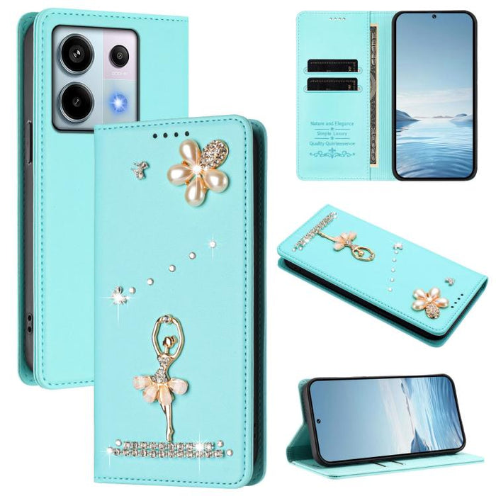 Funda para teléfono de piel vegana con protección RFID y diamantes de imitación de la bailarina de ballet, For Redmi 14C 4G / 14R 5G / A3 Pro, For Redmi Note 14 4G 164.84mm, For Redmi Note 14 Pro 5G Global / 14 Pro+ 5G                                  ...